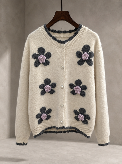 Women’s 3D Floral Wool Cardigan – Pearl Button Soft Knit Sweater for Early Fall
