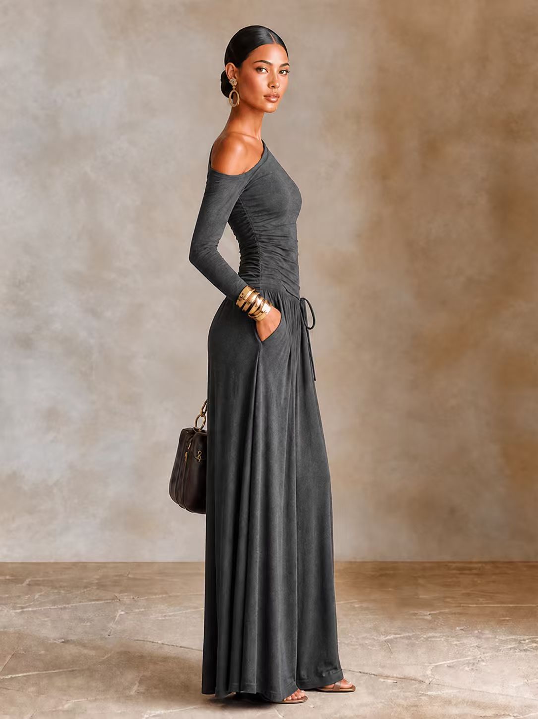 Women's Asymmetric Off‑Shoulder Long Sleeve Vacation Maxi Dress
