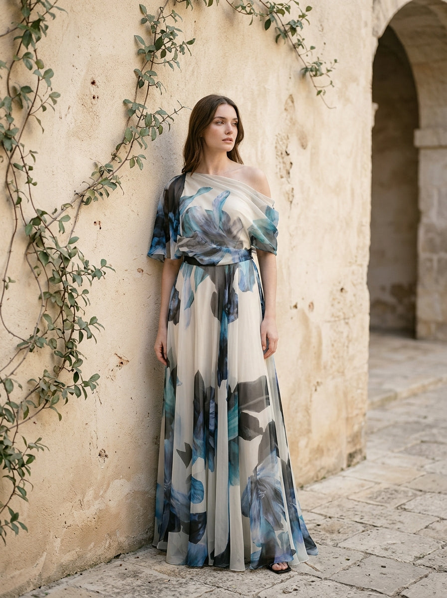 French Sky Blue Asymmetrical Print Chiffon Long Dresses Summer