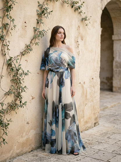 French Sky Blue Asymmetrical Print Chiffon Long Dresses Summer