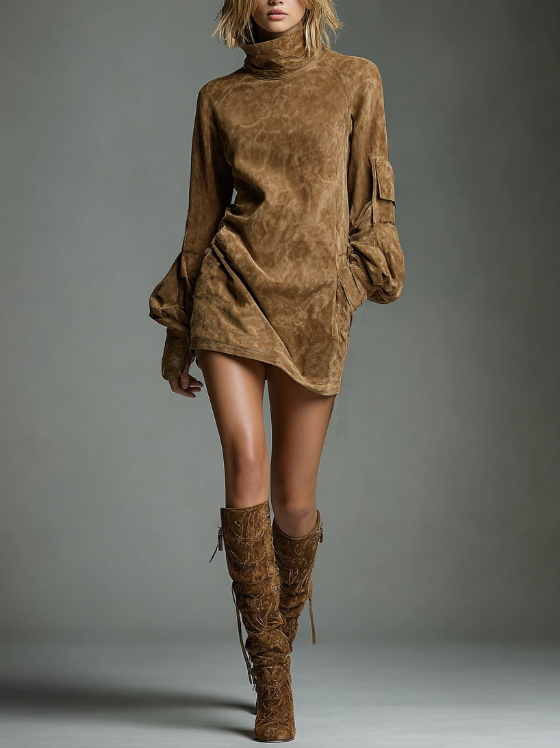 Women's Vintage Loose Suede Turtleneck Mini Dress