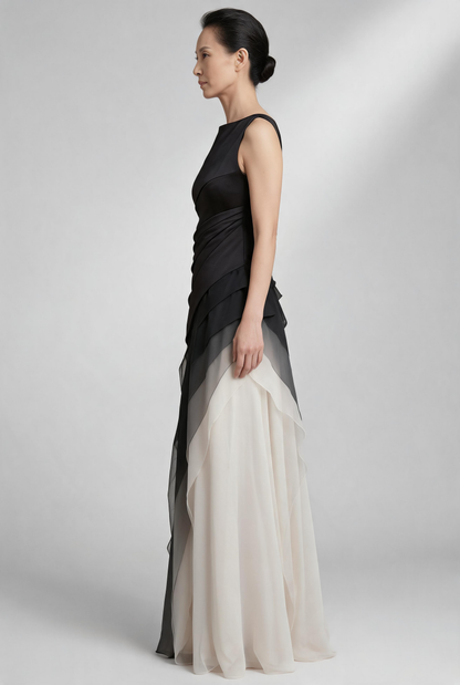 French Black High Waist Patchwork Tulle Maxi Dresses Sleeveless