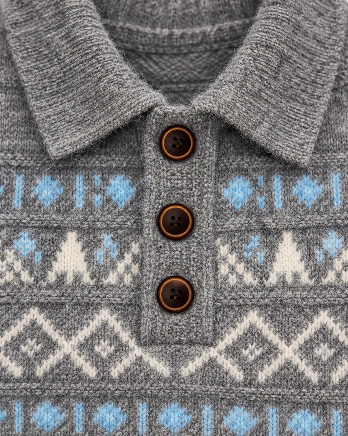 Women's Fair Isle Wool Sweater – Collared Three-Button Knit Pullover