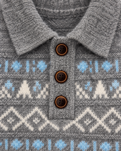 Women's Fair Isle Wool Sweater – Collared Three-Button Knit Pullover
