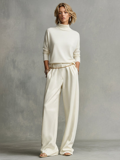 Women's Ivory Soft Knit Turtleneck with Oversized Silhouette & High Neck, Contemporary Effortless-Chic Style Top