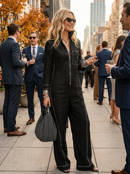 Women's Minimalist Long-Sleeve Jumpsuit With Zip-Up Stand Collar