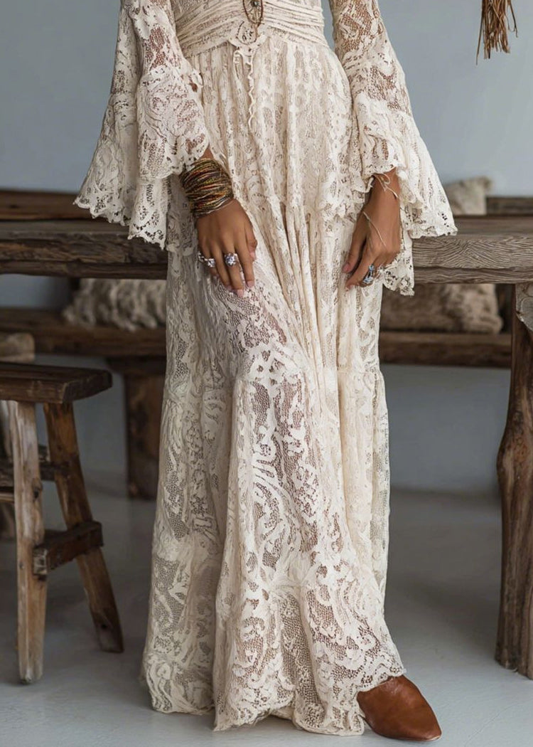 French Apricot V Neck Ruffled Lace Long Dresses
