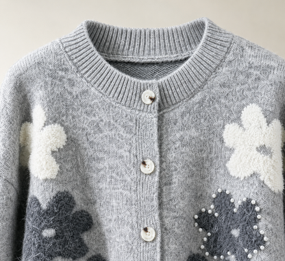 Women’s 3D Floral Wool Cardigan – Pearl-Embellished Button-Front Sweater for Early Fall