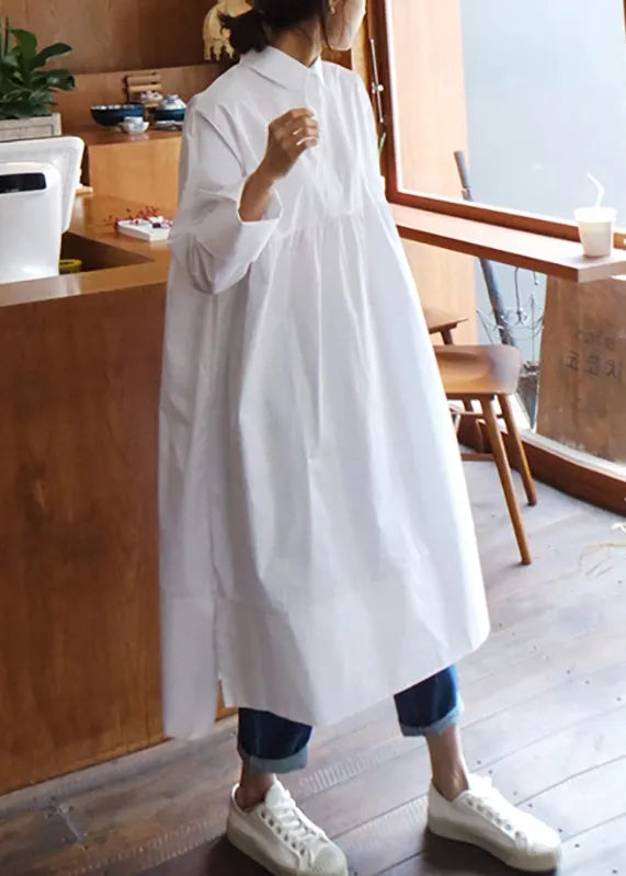 Women White Peter Pan Collar Button Solid Cotton Shirt Dress Fall