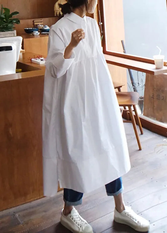 Women White Peter Pan Collar Button Solid Cotton Shirt Dress Fall