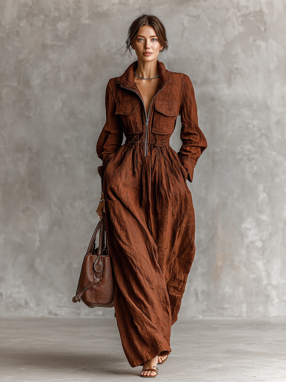 Women's Cotton And Linen Zipper Lapel Elastic Waist Maxi Dress
