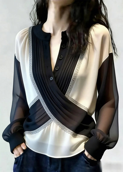 French Black O-Neck Tulle Patchwork Shirt Lantern Sleeve