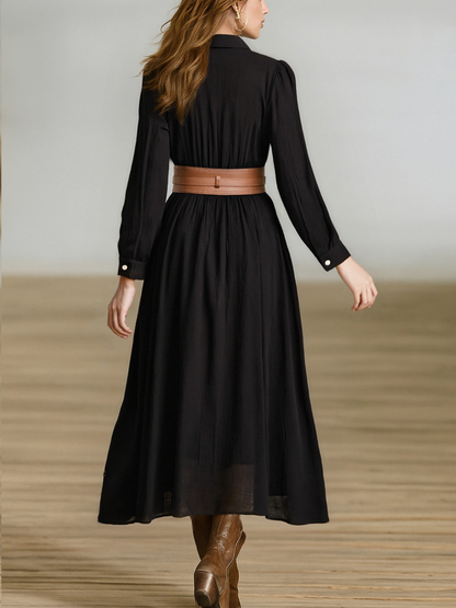 Women's Imitation Cotton And Linen Pleated Lapel Single-breasted Long-sleeved Maxi Dress