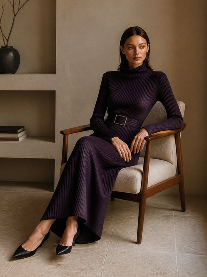 Women's Ribbed Turtleneck Long Sleeve Evening Knit Maxi Dress