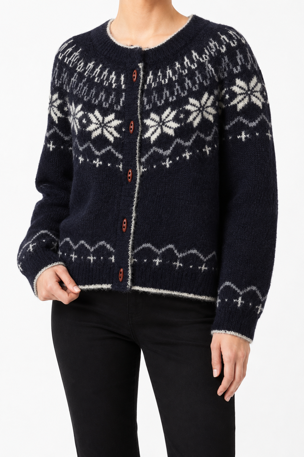 Women’s Nordic Fair Isle Wool Cardigan – Snowflake Button-Front Sweater for Early Fall