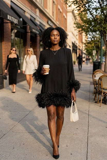 Street Solid Patchwork Feathers O Neck Straight Dresses