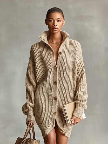 Women's Camel Elegant Button - Front Oversized Mini Cardigan Dress