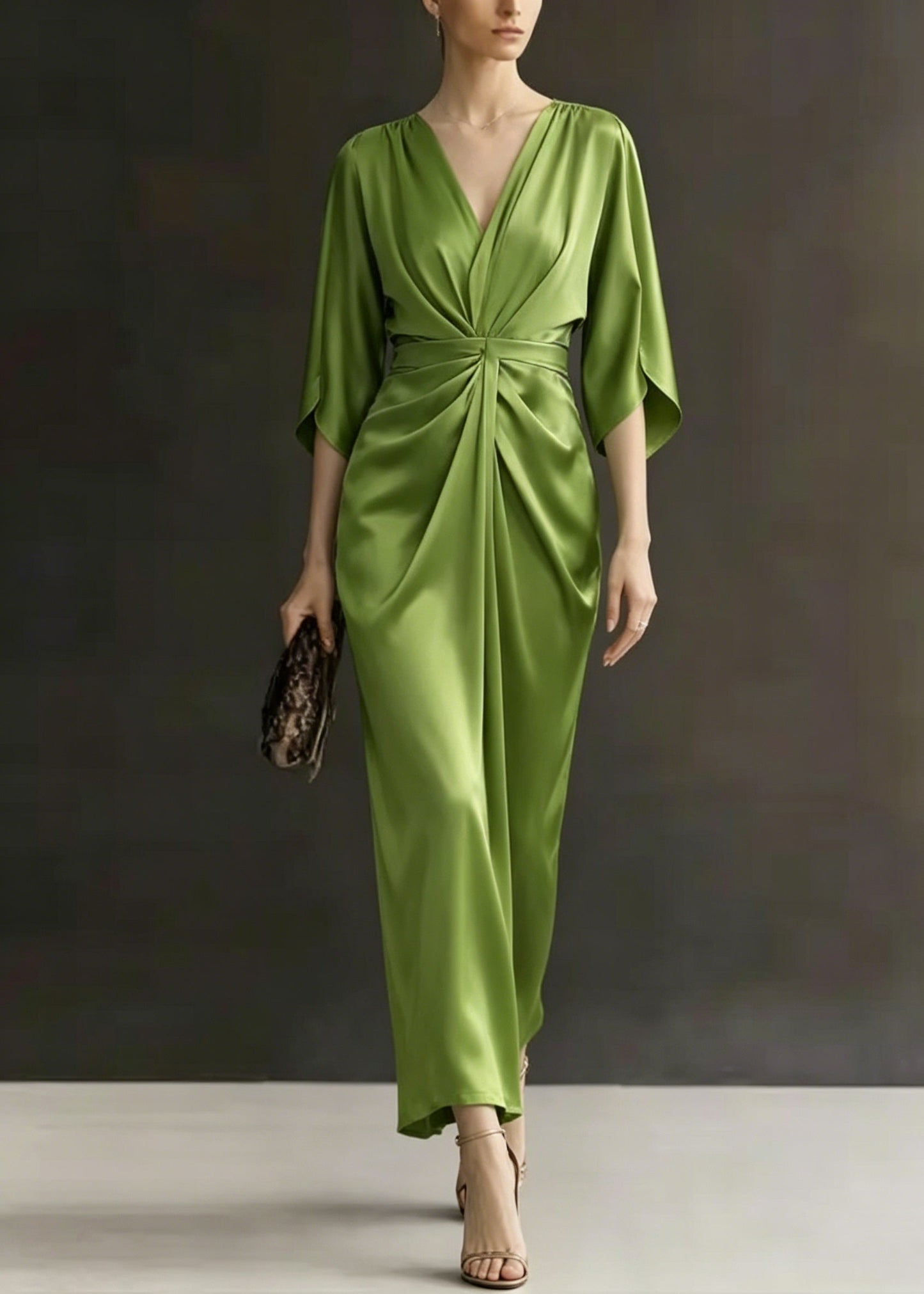 Beautiful Green V Neck Wrinkled Silk Dress Batwing Sleeve