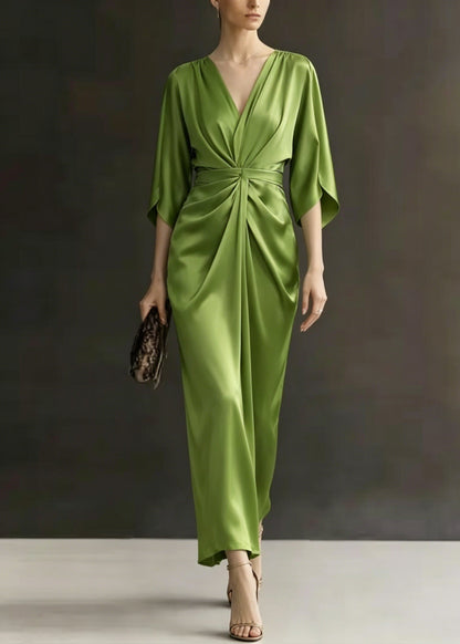 Beautiful Green V Neck Wrinkled Silk Dress Batwing Sleeve