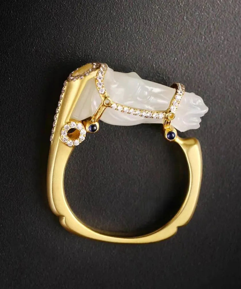 Chic Gold Horse Head Jade Zircon 14K Gold Rings
