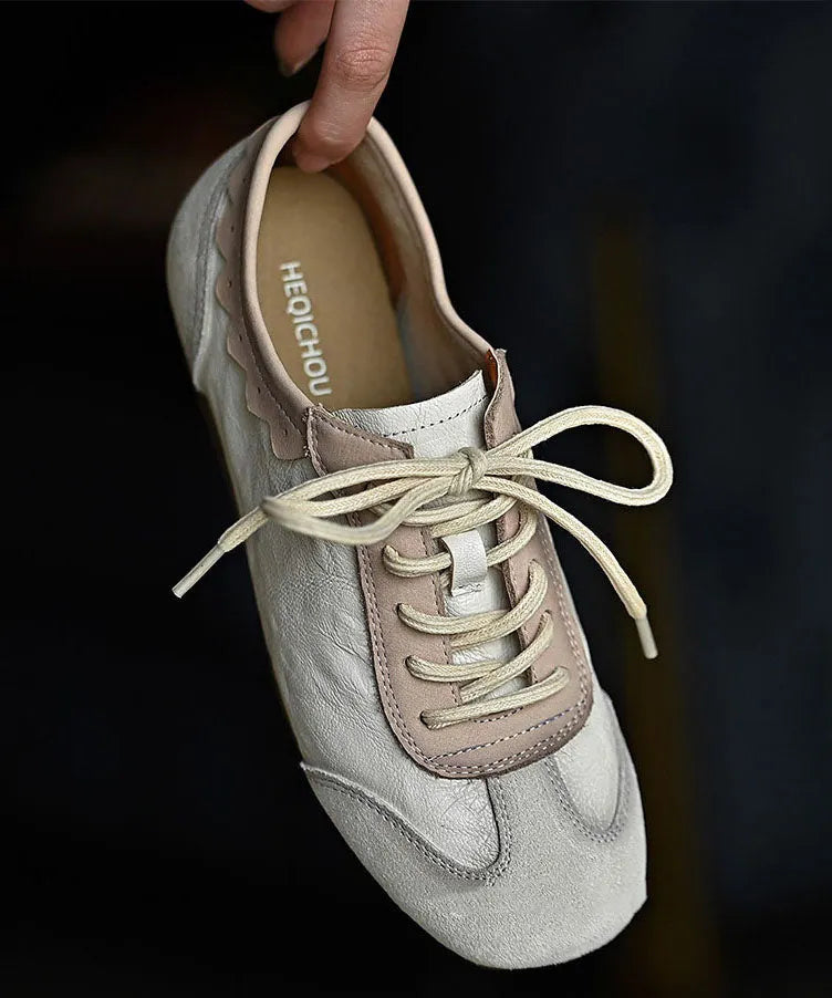 Beige Cowhide Leather Splicing Comfortable Flat Shoes Lace Up