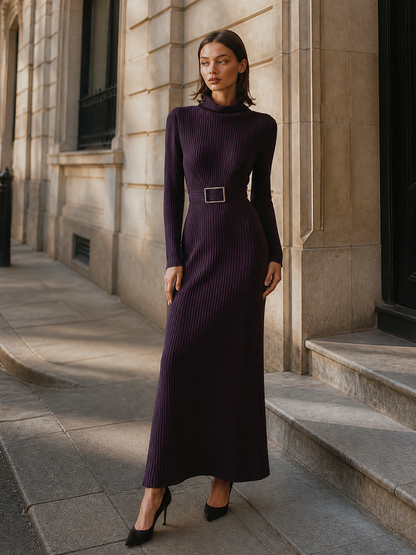 Women's Ribbed Turtleneck Long Sleeve Evening Knit Maxi Dress