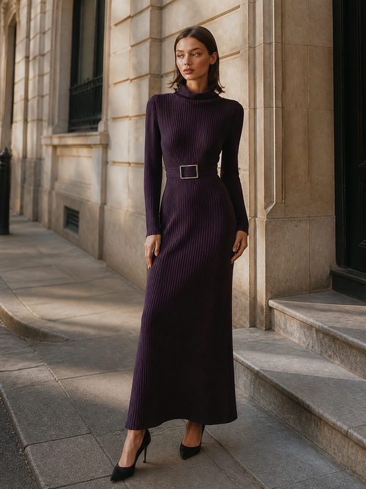 Women's Ribbed Turtleneck Long Sleeve Evening Knit Maxi Dress