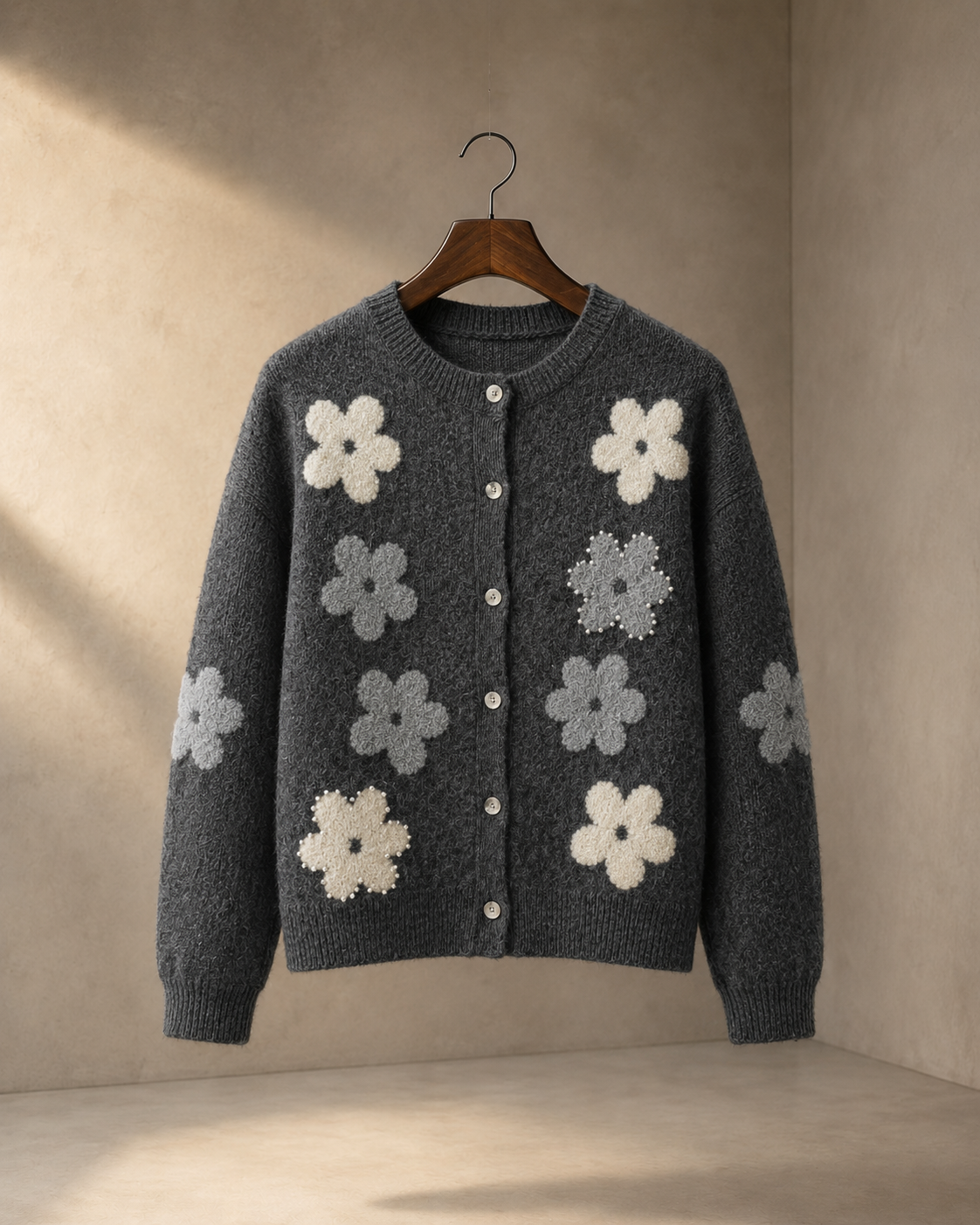 Women’s 3D Floral Wool Cardigan – Pearl-Embellished Button-Front Sweater for Early Fall