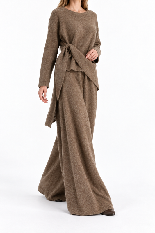 Women's Knit Two-Piece Set – Long Sleeve Top & Wide-Leg Pants Lounge Outfit