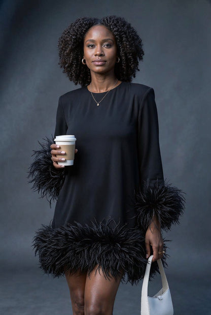 Street Solid Patchwork Feathers O Neck Straight Dresses