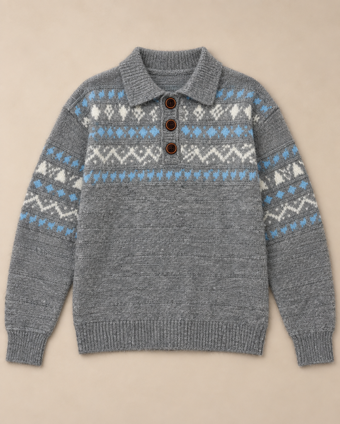 Women's Fair Isle Wool Sweater – Collared Three-Button Knit Pullover
