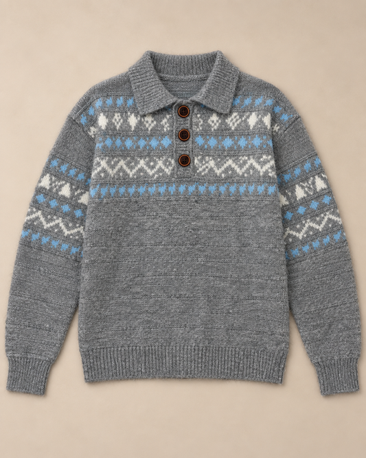 Women's Fair Isle Wool Sweater – Collared Three-Button Knit Pullover