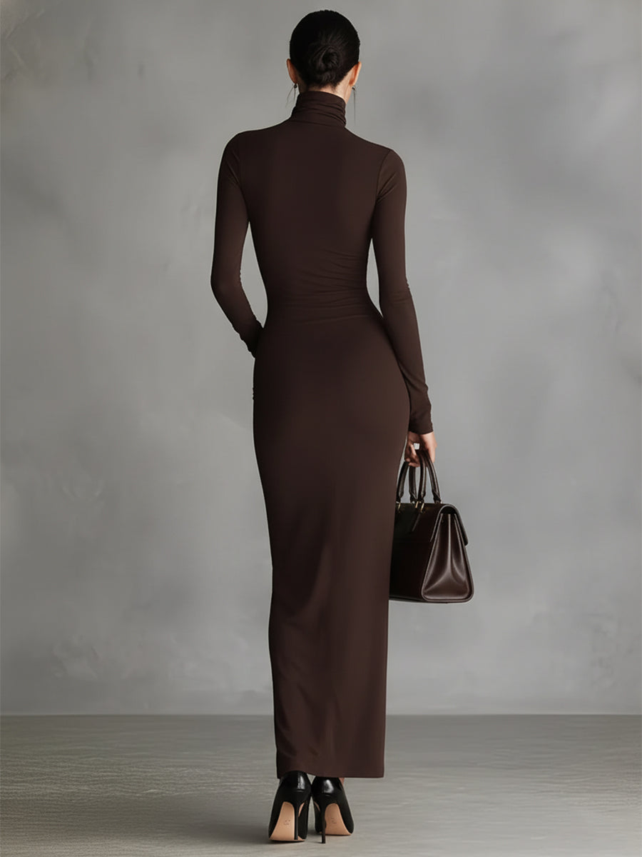 Women's Brown Stretch Fabric Chic Turtleneck Bodycon Slit Dress