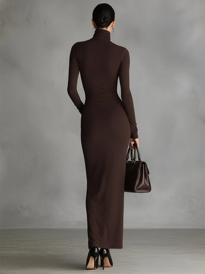 Women's Brown Stretch Fabric Chic Turtleneck Bodycon Slit Dress