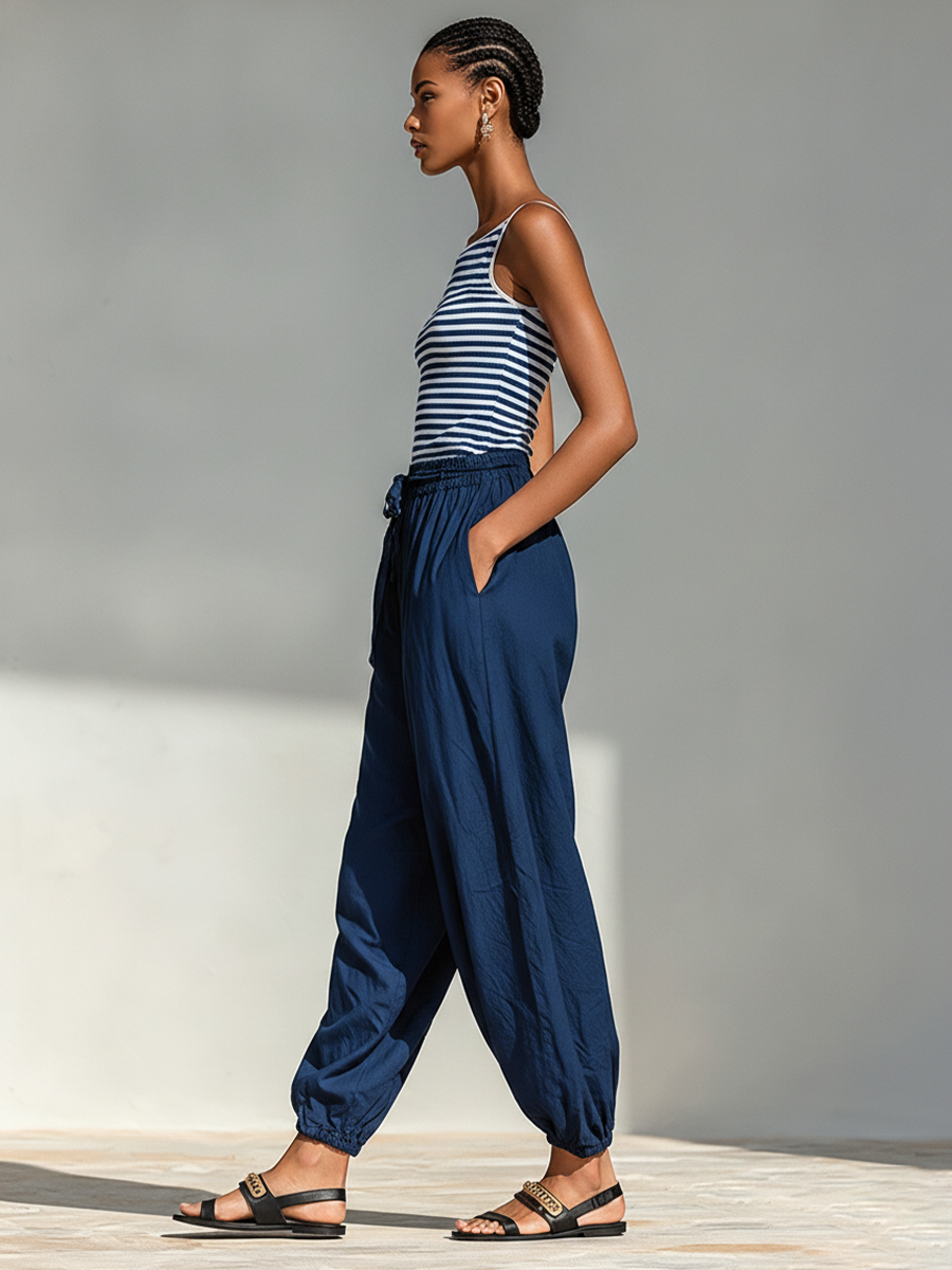 Women's Navy & White Striped Cotton-Blend Two-Piece Set With Square Neck Sling Top & Drawstring Harem Jogger Pants, Minimalist Casual Vacation Outfit