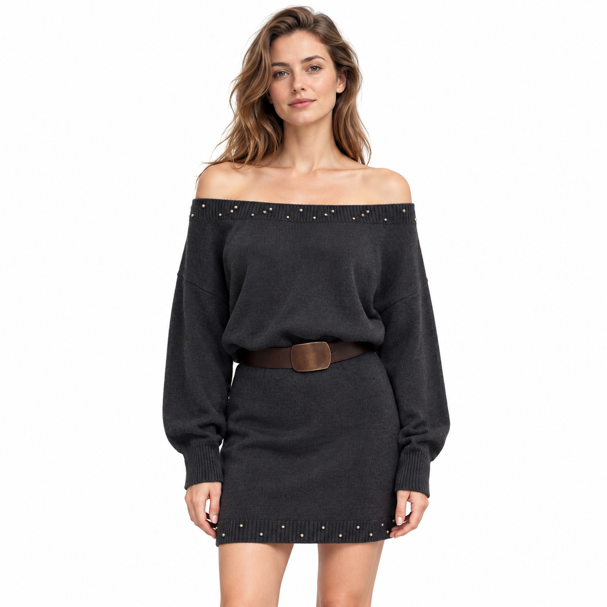 Women's Off-Shoulder Wool Sweater Dress – Studded Long Sleeve Knit Mini Dress