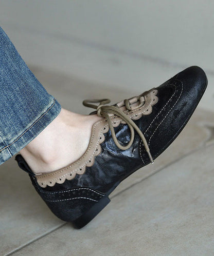 Elegant Black Sheepskin Lace Up Splicing Loafers
