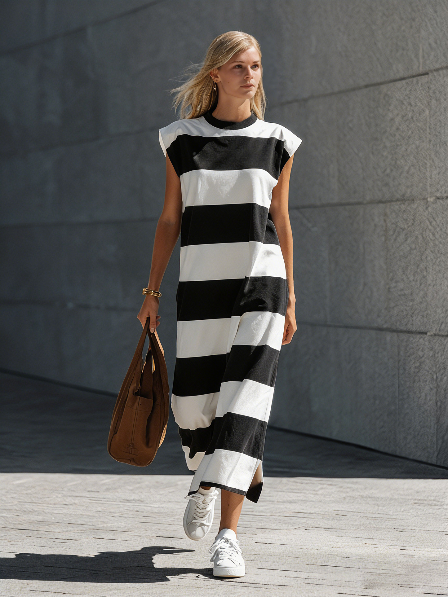 Women's Casual Brown & White Stretch-Knit Maxi Dress — Crew Neck, Sleeveless
