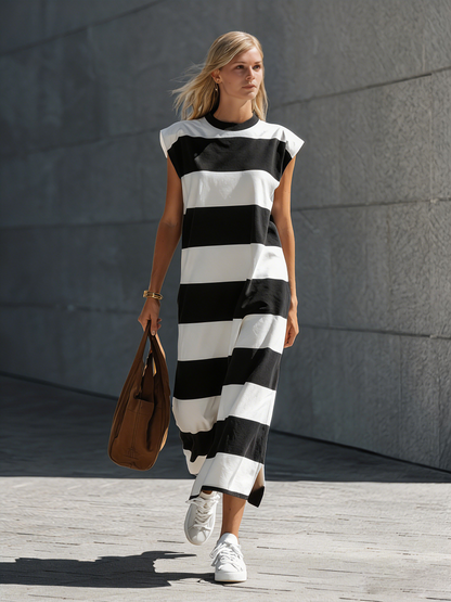 Women's Casual Brown & White Stretch-Knit Maxi Dress — Crew Neck, Sleeveless
