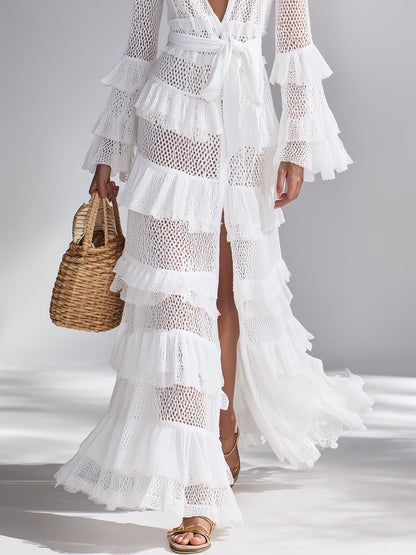 Women's Crisp White Crochet Knit Cardigan With Deep V-Neck & Layered Ruffles, Timeless Bohemian-Glam Style Cardigan