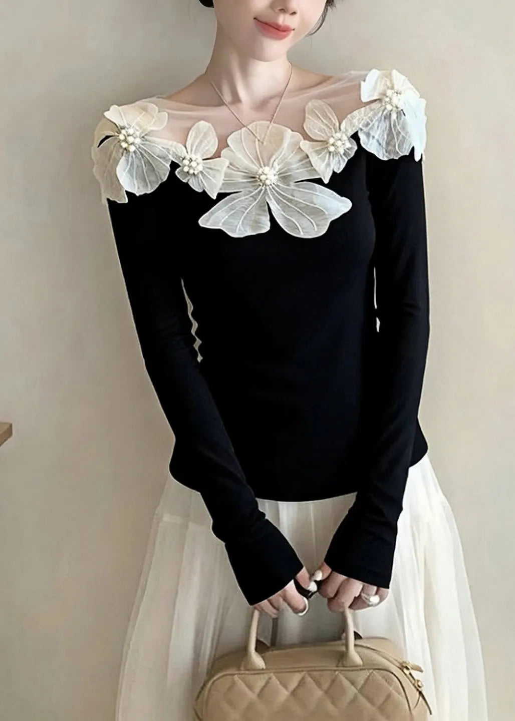 Stylish Black Slash Neck Floral Nail Bead Knit Tops Spring