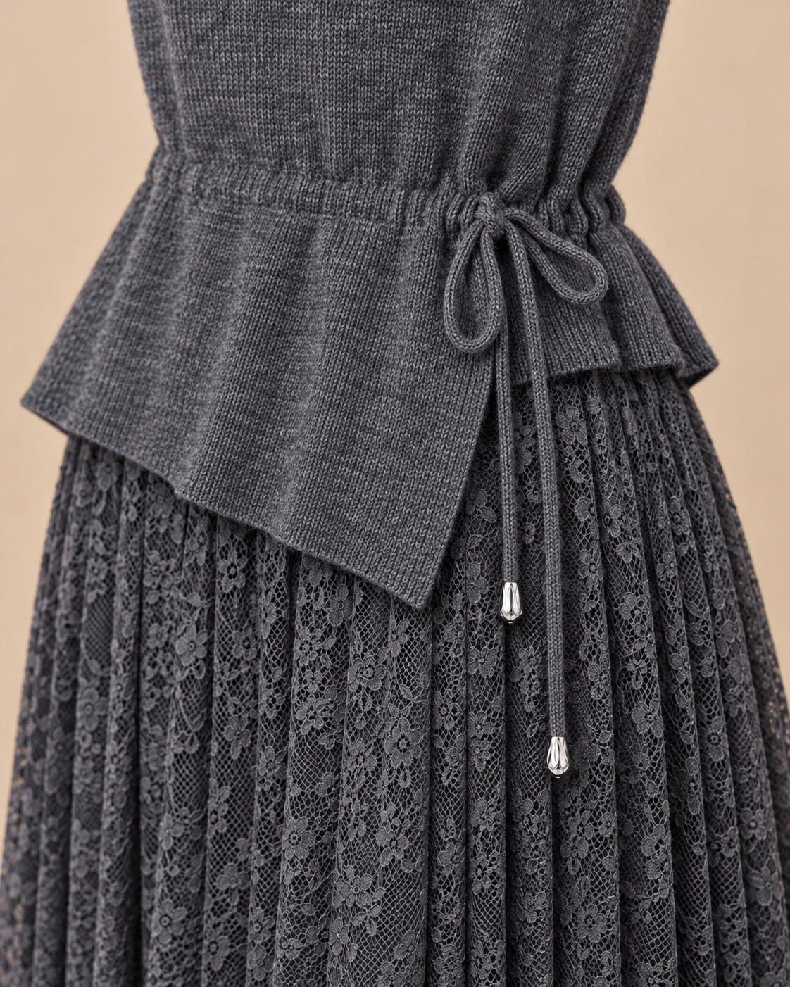 Women's Wool Sweater Dress – Tie-Waist Pleated Lace Midi Dress