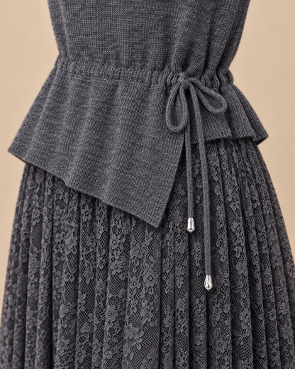 Women's Wool Sweater Dress – Tie-Waist Pleated Lace Midi Dress