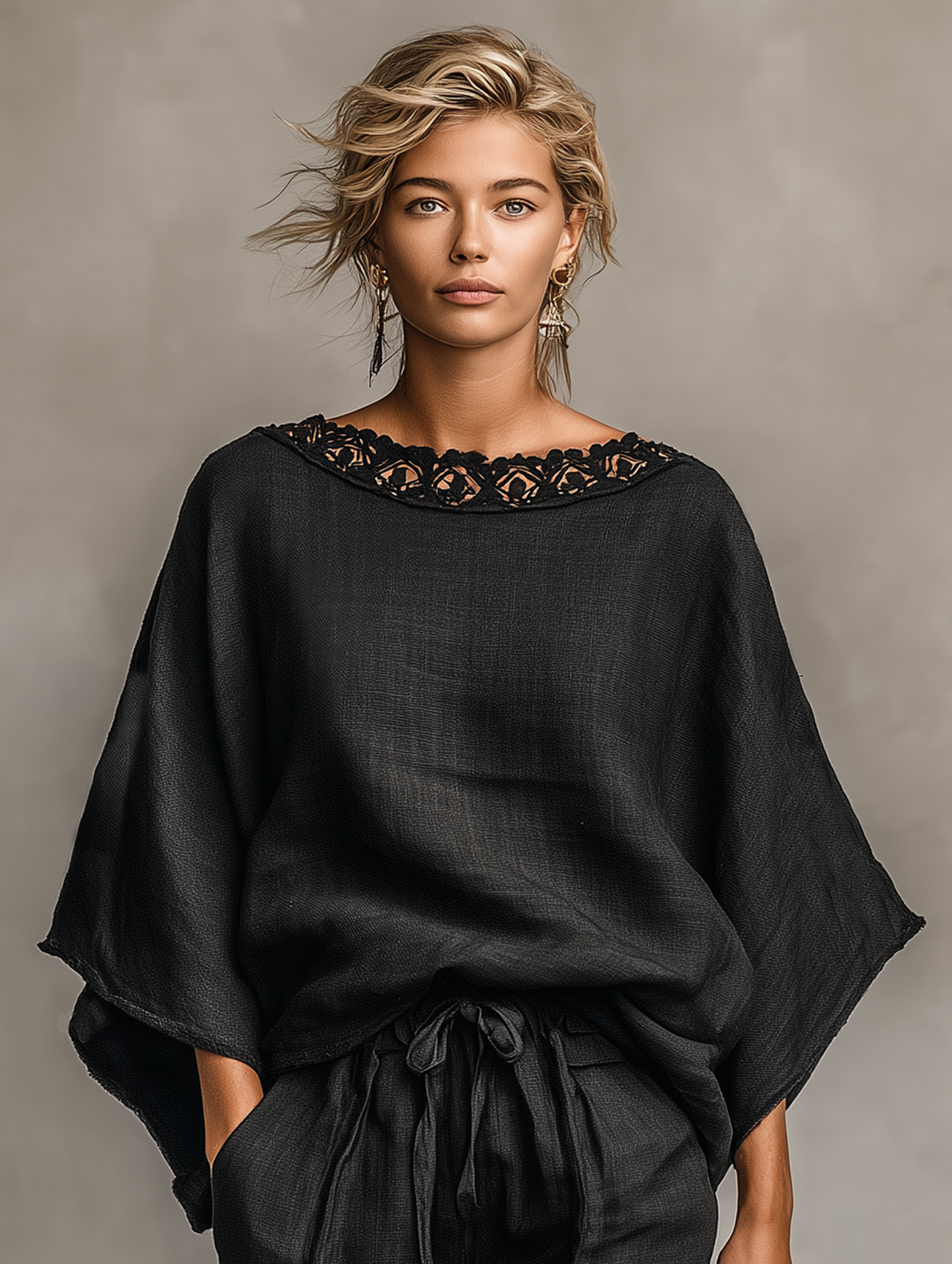 Women's Minimalist Linen Blend Lace Boat Neck Blouse And Shorts Set