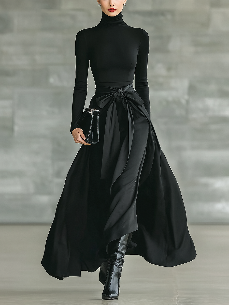 Women's Black High-Neck High-Stretch Knitted And Satin Flared Maxi Dress