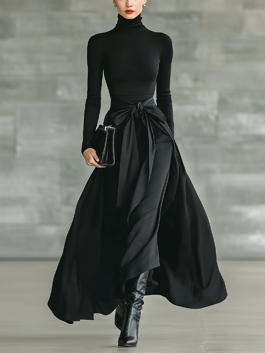 Women's Black High-Neck High-Stretch Knitted And Satin Flared Maxi Dress