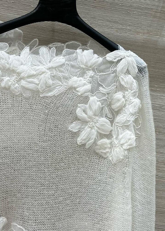 Stylish White O-Neck Floral Knit Shirt Tops Fall