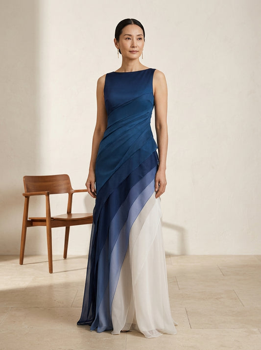 French Blue High Waist Patchwork Tulle Maxi Dresses Sleeveless
