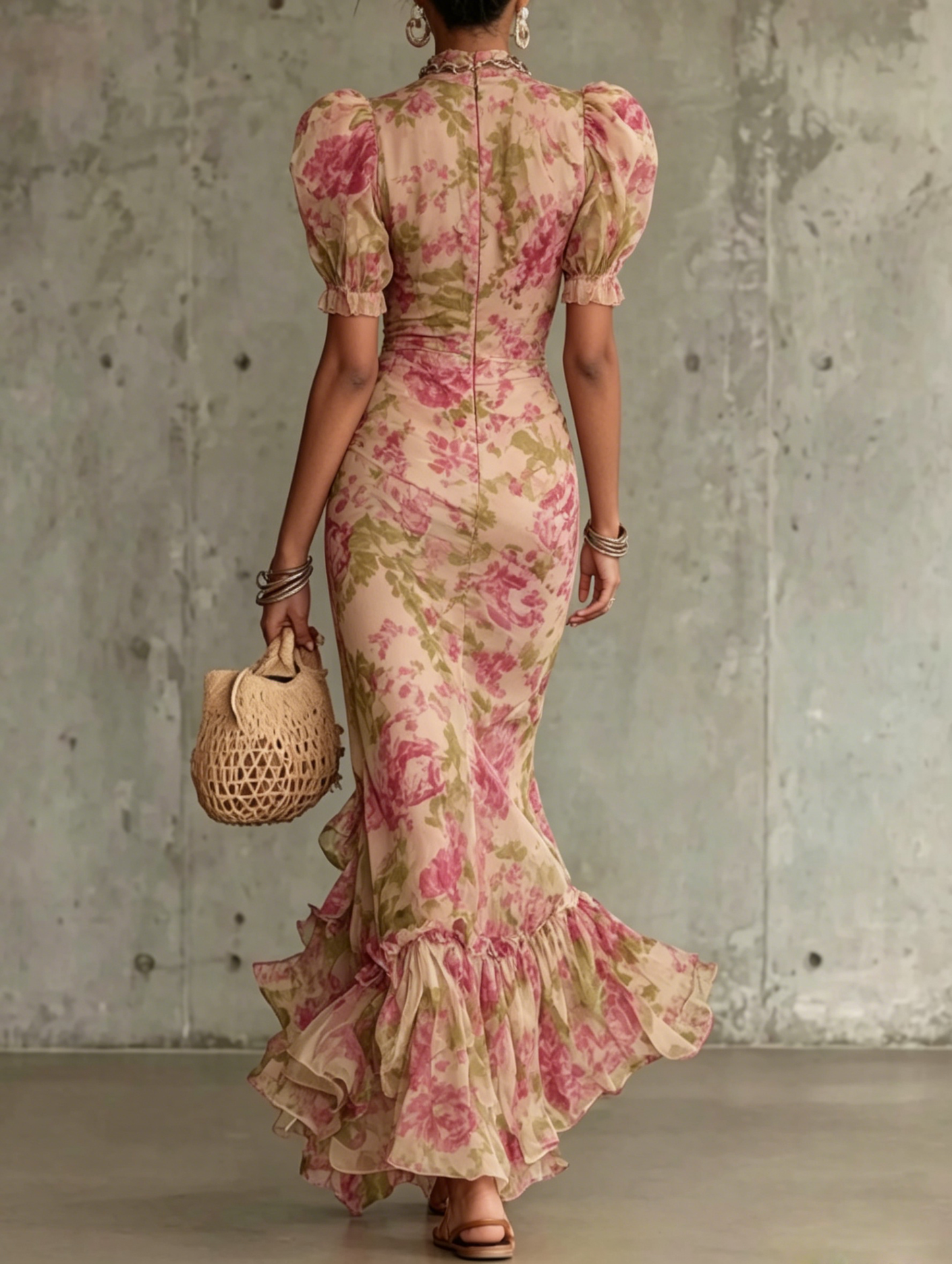 Women High Neck Puff Sleeve Ruffle Hem Floral Print Maxi Dress