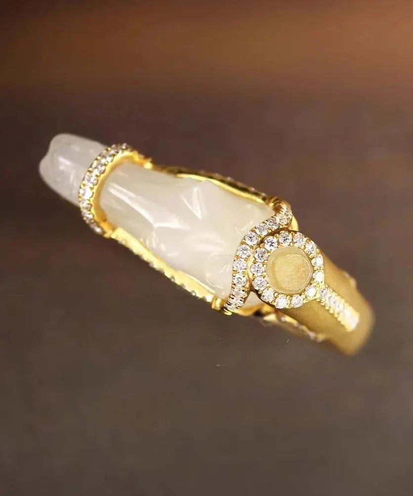 Chic Gold Horse Head Jade Zircon 14K Gold Rings